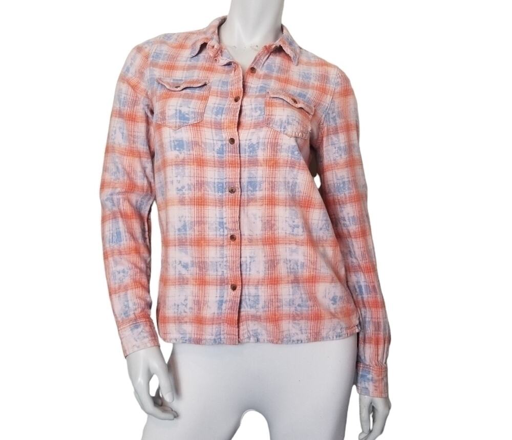Hippie Laundry Womens SZ Small Shirt Plaid Tie Dye Orange Blue Cotton Button Up
